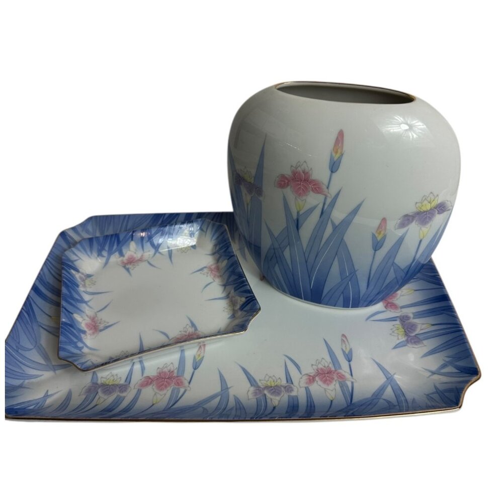 Vintage Japanese Porcelain Vase & Tray Set With Floral Iris Design. OMC Japan.